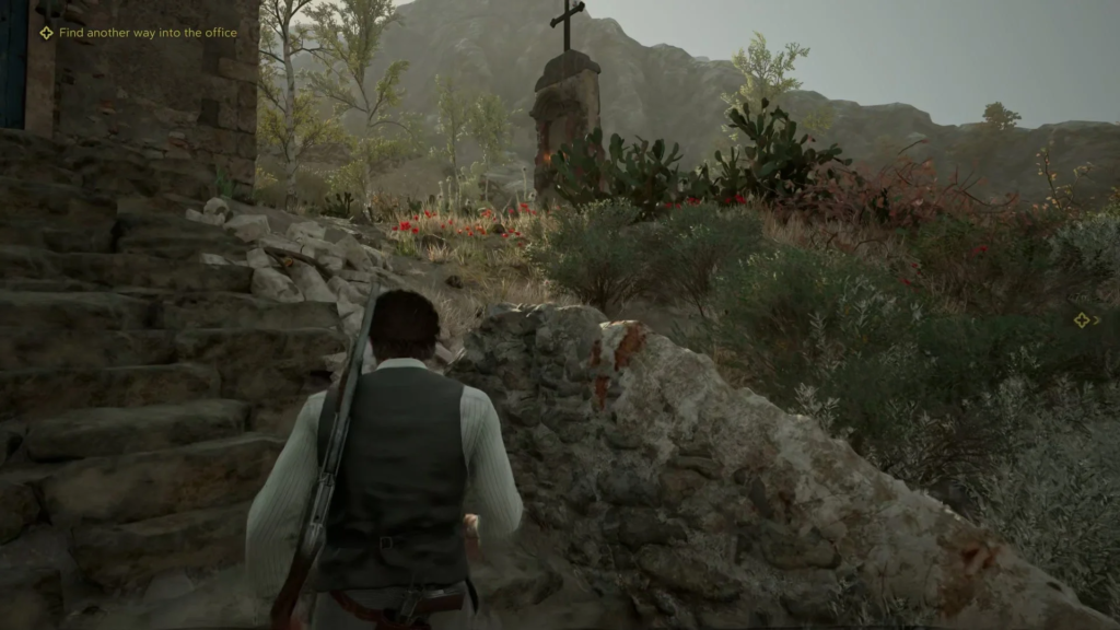 Sniper Elite 5 soldier walking up stone steps outdoors