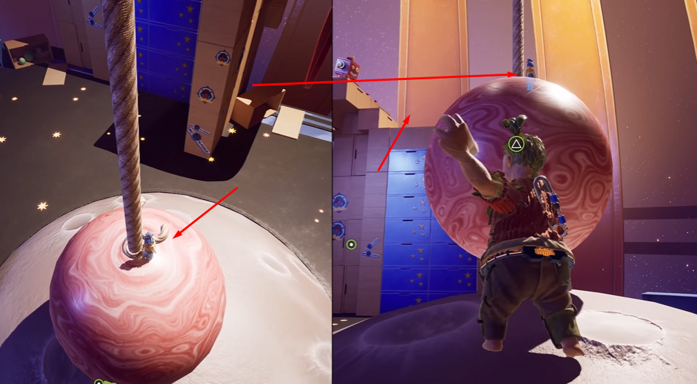 May from It Takes Two pushing pink ball indoors