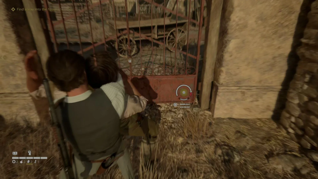 Player character lockpicking red gate in courtyard