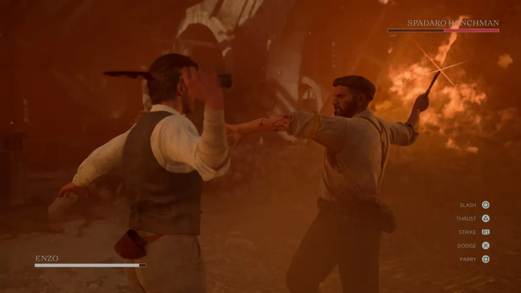 Enzo fights Spadaro Henchman amid orange firelight ruins