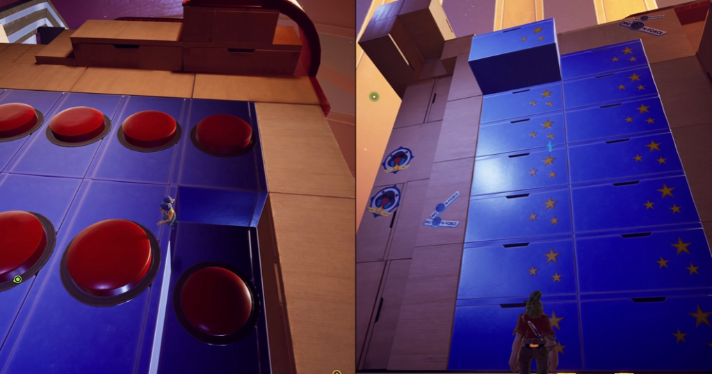 It Takes Two characters climbing blue toy blocks indoors