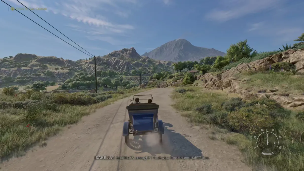 Car driving on dirt road through mountains