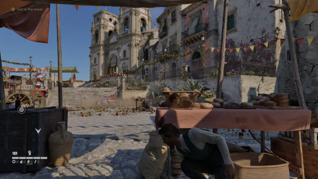 Player crouches behind market stall in town square