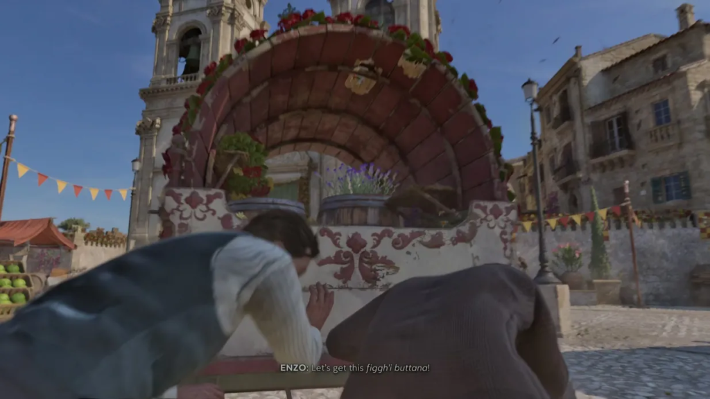 Two men crouch behind flower cart in town square