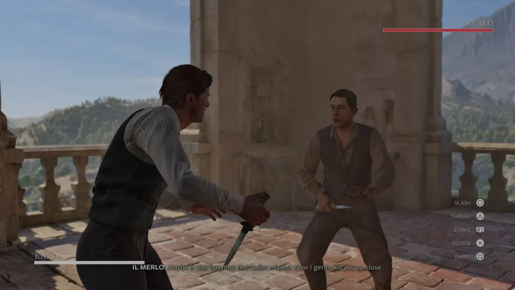 Enzo duels Il Merlo on stone balcony