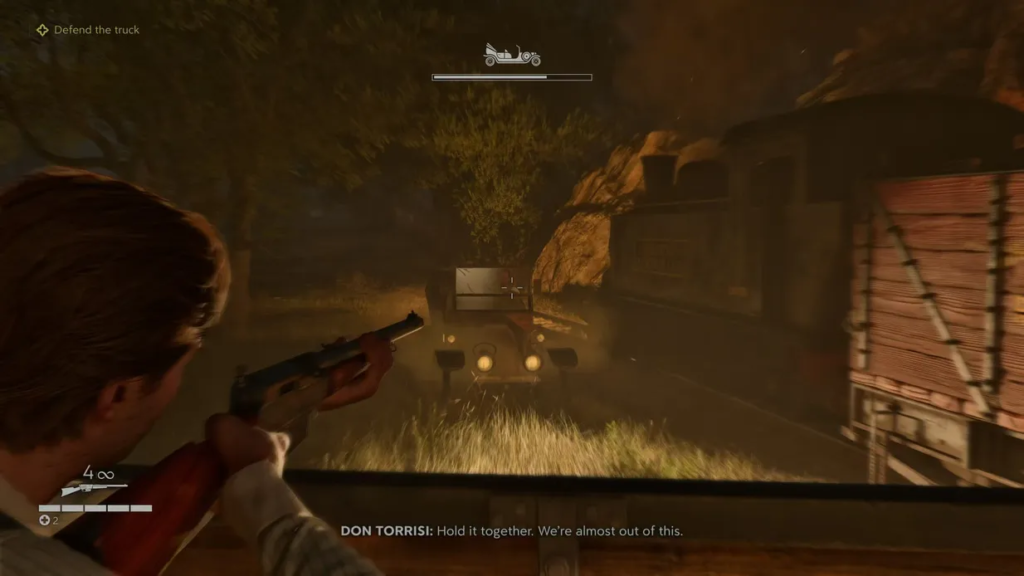 Player aiming rifle at truck on dirt road