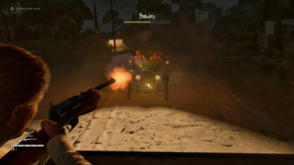 Shooter firing rifle at truck on dirt road