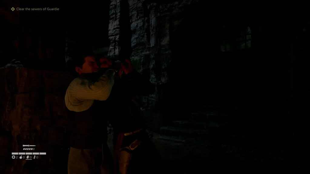 Man grappling enemy in dark stone sewer corridor