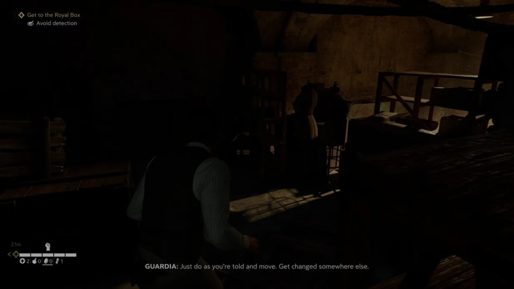 Player character sneaks past guards in dim room