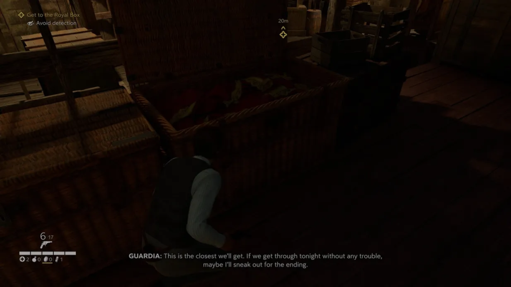 Player crouches behind crates in warehouse stealth game