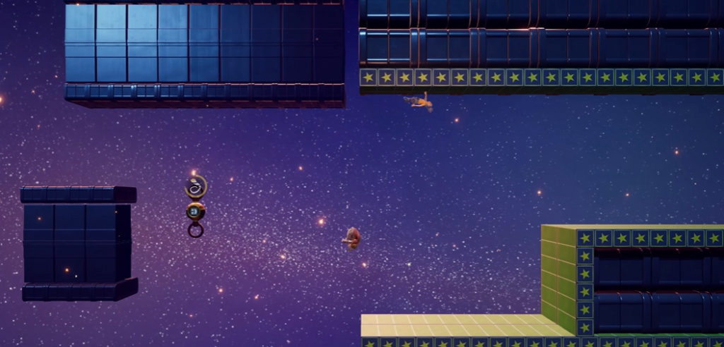 Small character floating in space platform level