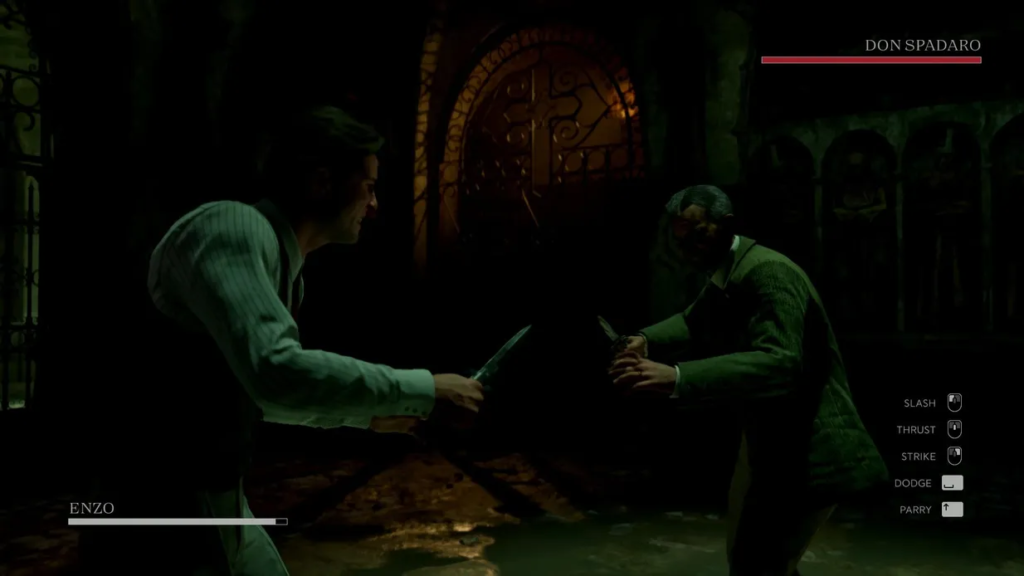 Enzo fights Don Spadaro with knives indoors