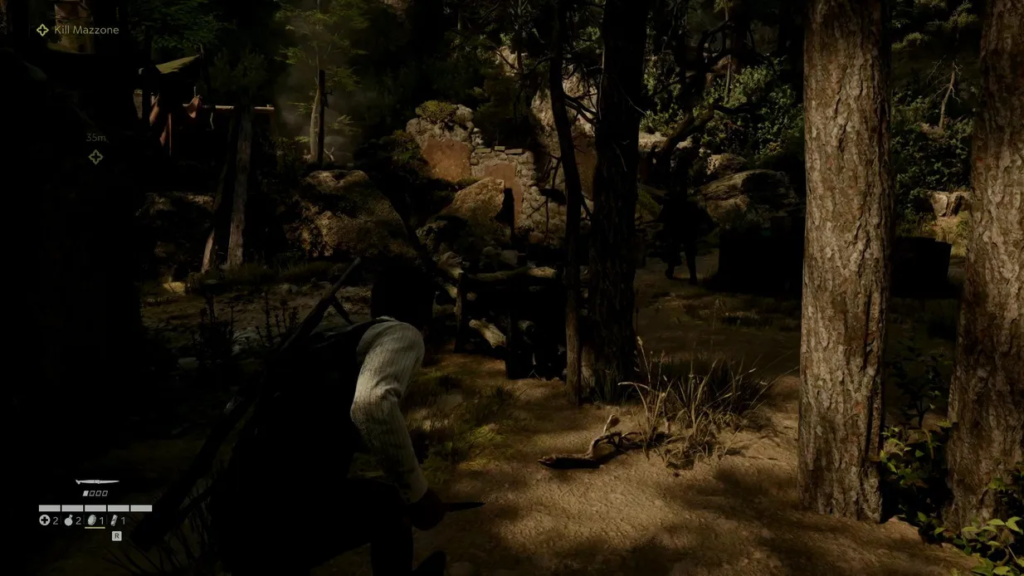 Player character crouches in forest near rocky ruins