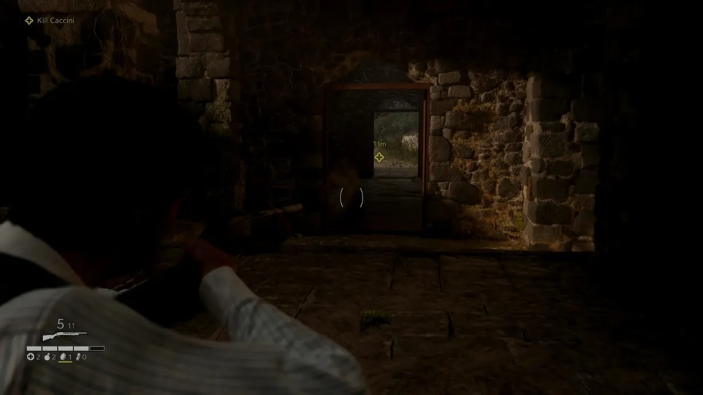 Player aiming rifle through stone doorway in Sniper Elite 4