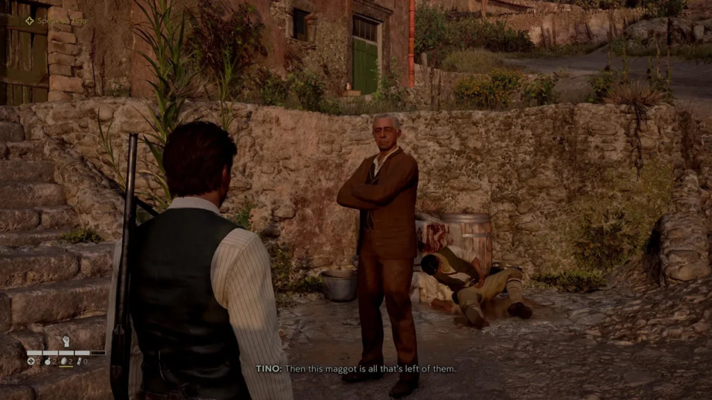Player character talks to Tino in stone courtyard