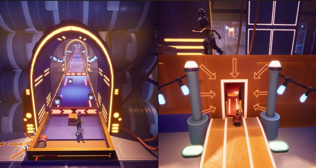 It Takes Two characters running in neon sci-fi corridor