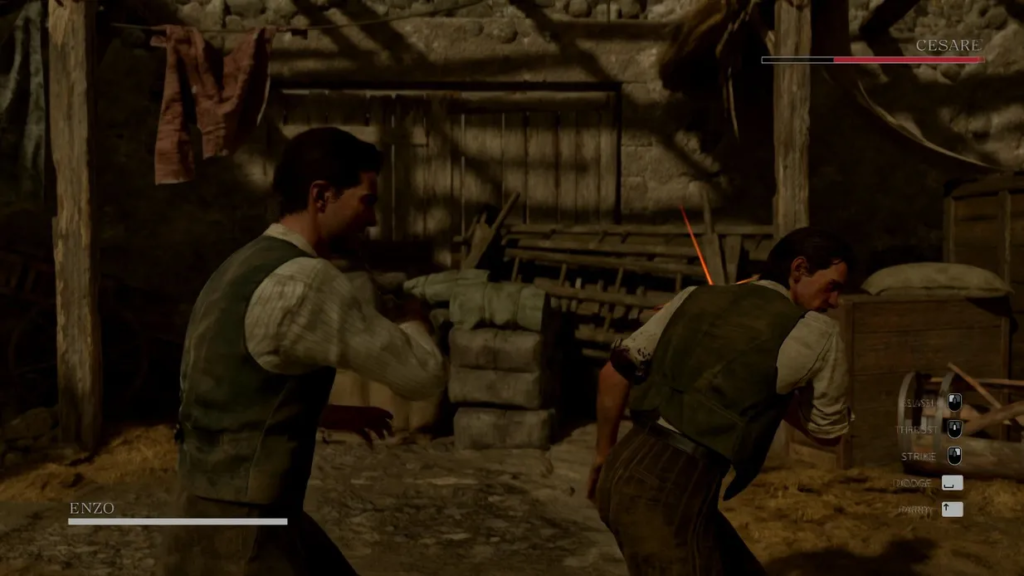 Enzo fighting Cesare inside rustic barn in Mafia II