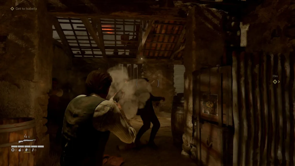 Sebastian Castellanos shoots enemy in The Evil Within corridor