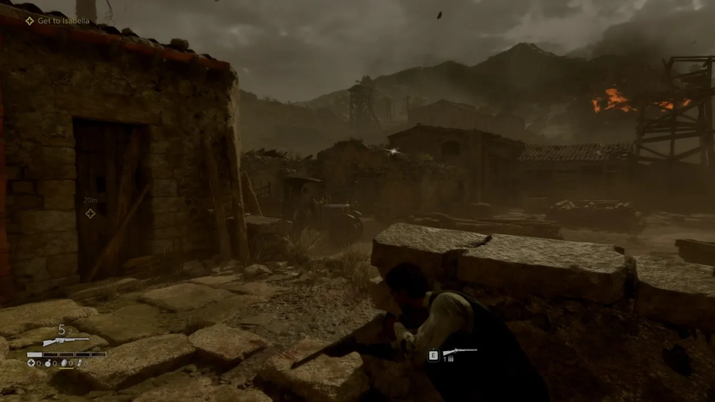 Sniper Elite 5 soldier crouching behind stone wall outdoors