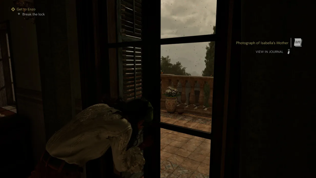 Player crouching by window overlooking balcony in game