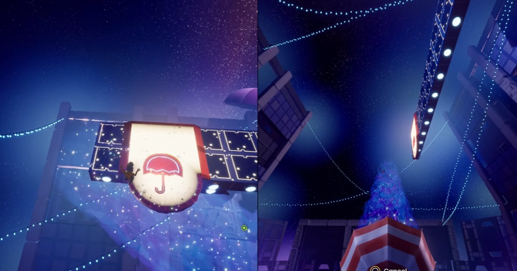 Umbrella sign glowing above city street at night