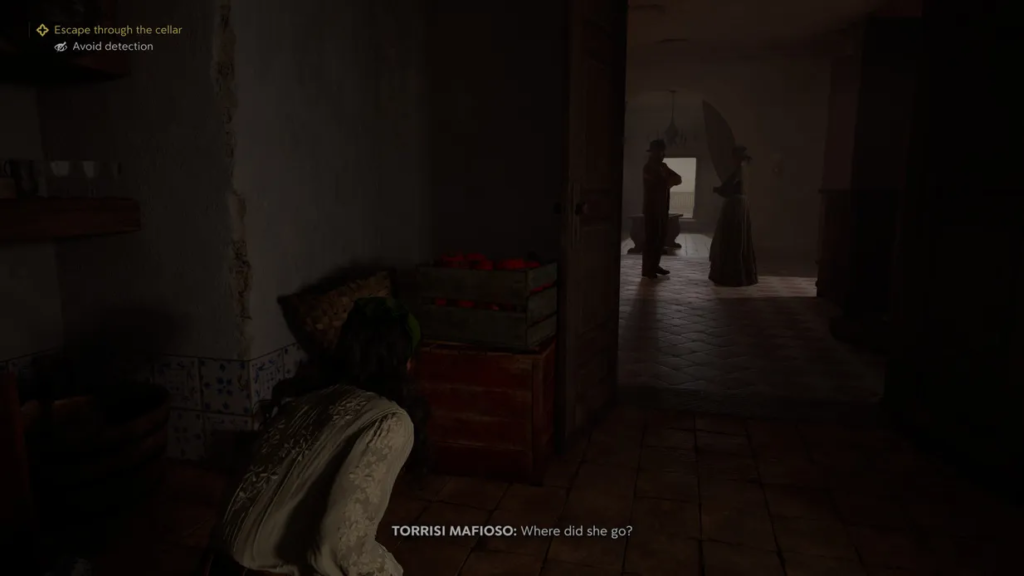 Woman crouching behind crates in dim hallway game