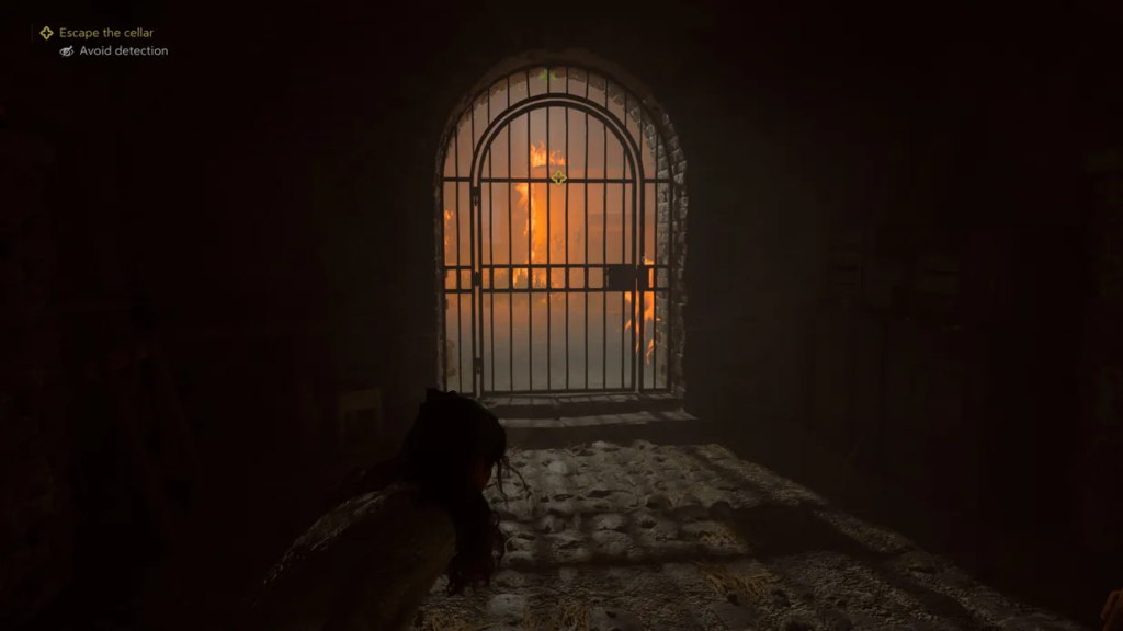 Crouching player aims at barred gate in cellar