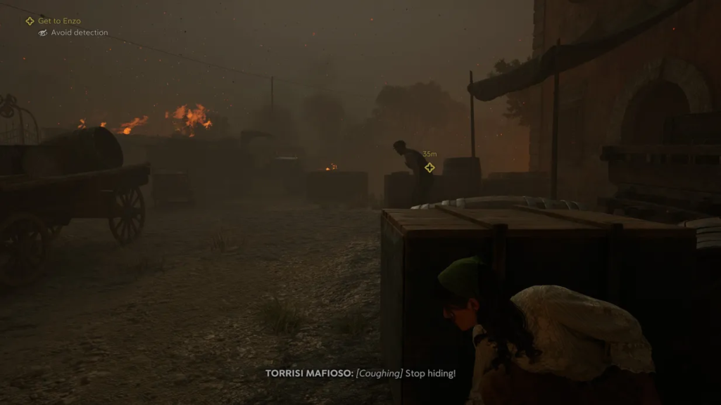 Soldier crouches behind crates during smoky battlefield firefight