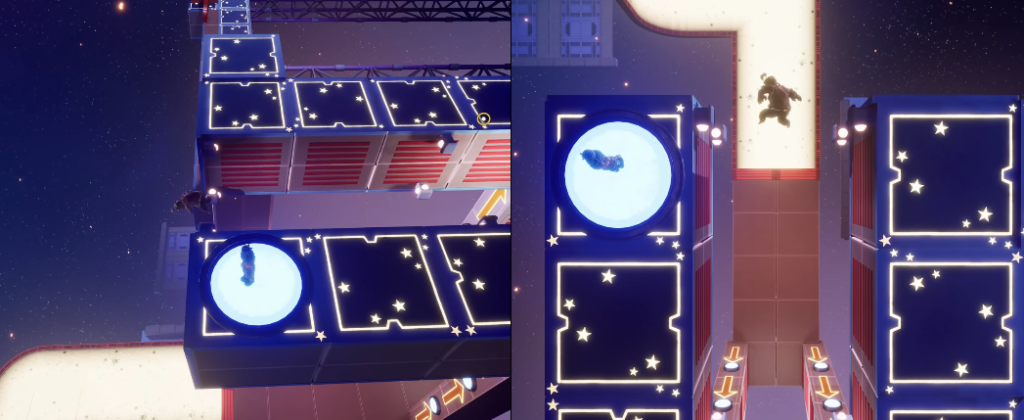 Two players jumping between glowing platforms at night