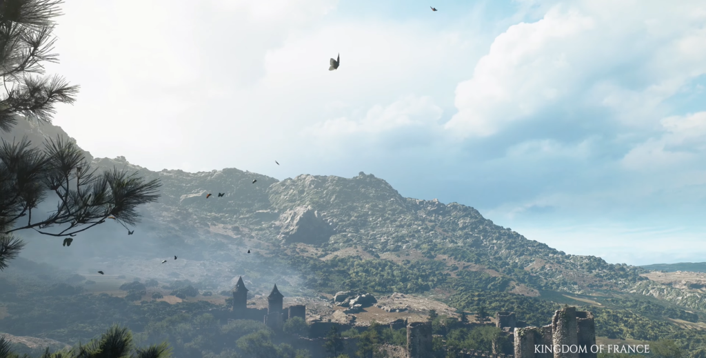 Birds flying over mountain castle ruins under blue sky