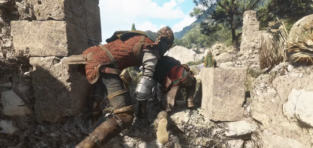 Amicia and Hugo crawl through rocky ruins in A Plague Tale