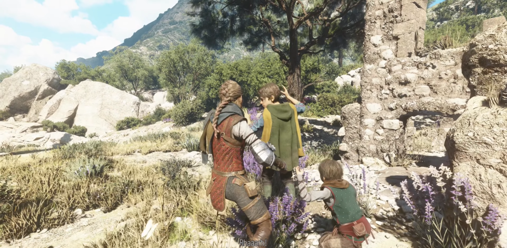 Amicia and Hugo walk near stone ruins in A Plague Tale