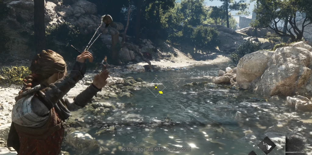 Woman aiming slingshot across rocky forest riverbank