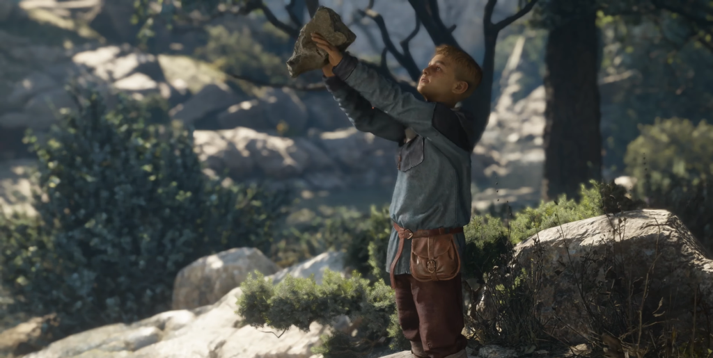 Boy holding rock overhead in forest clearing