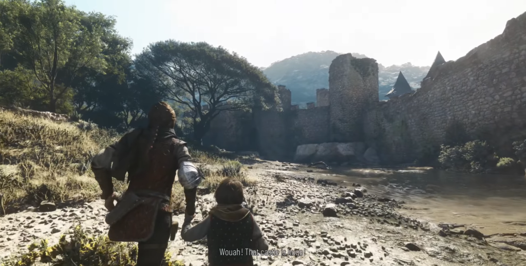 Amicia and Hugo run toward castle by riverbank