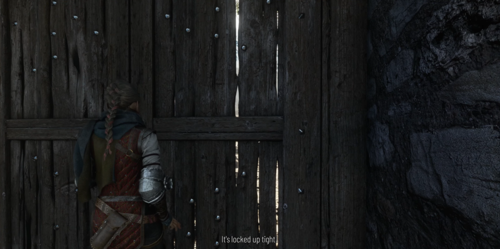 Amicia de Rune opens wooden gate in A Plague Tale
