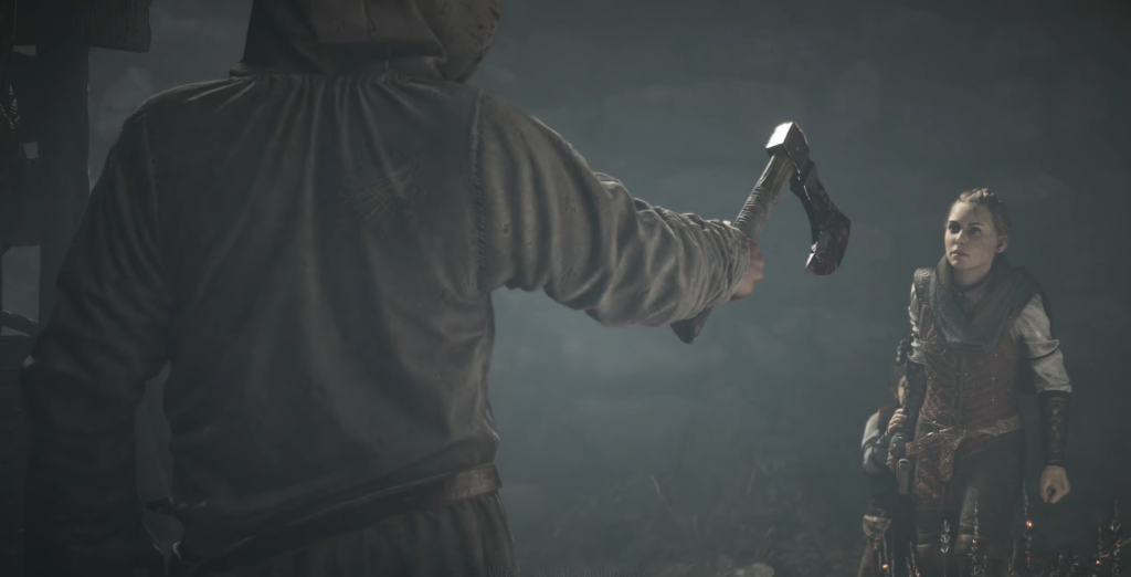 Hooded man points axe at Amicia in foggy field