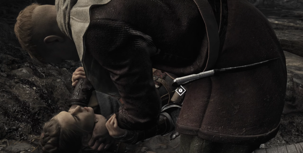 Man kneels over woman on muddy ground