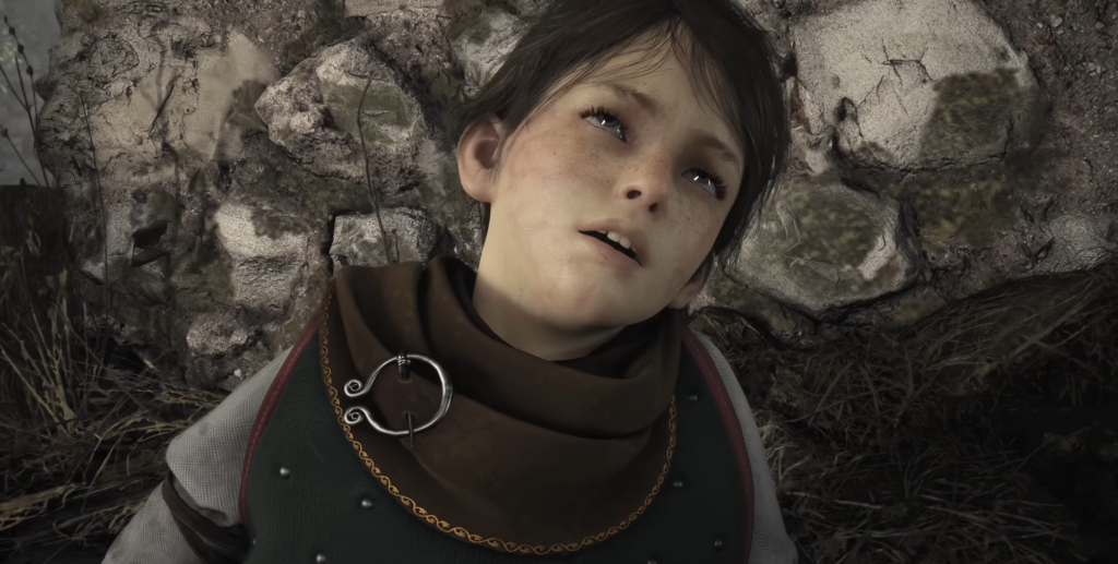 Amicia de Rune lies against stone wall in A Plague Tale