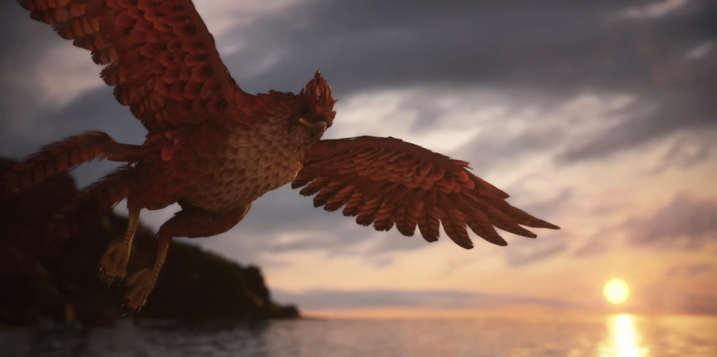 Red bird flying over ocean at sunset
