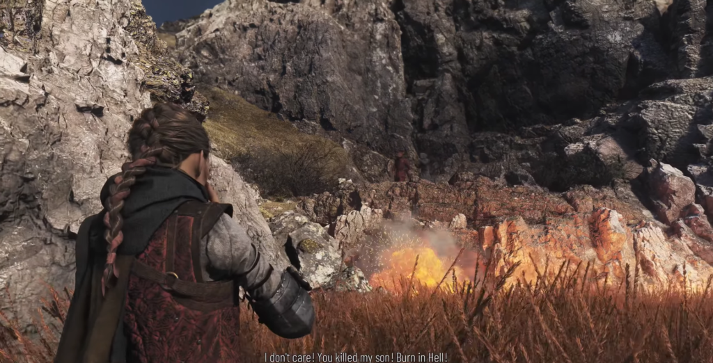 Woman aims crossbow at explosion in rocky canyon