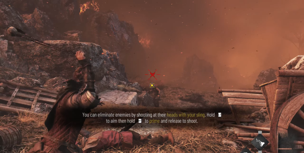 Amicia aims sling at enemy in rocky battlefield