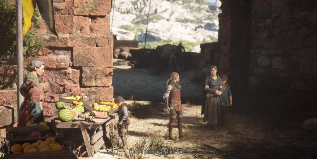 Amicia and Hugo at fruit stall in village market