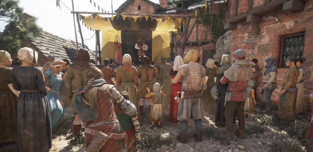 Crowd watches musicians performing on village stage