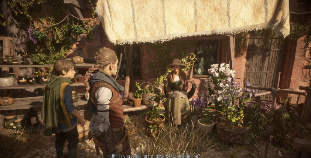 Amicia and Hugo talk to florist in A Plague Tale