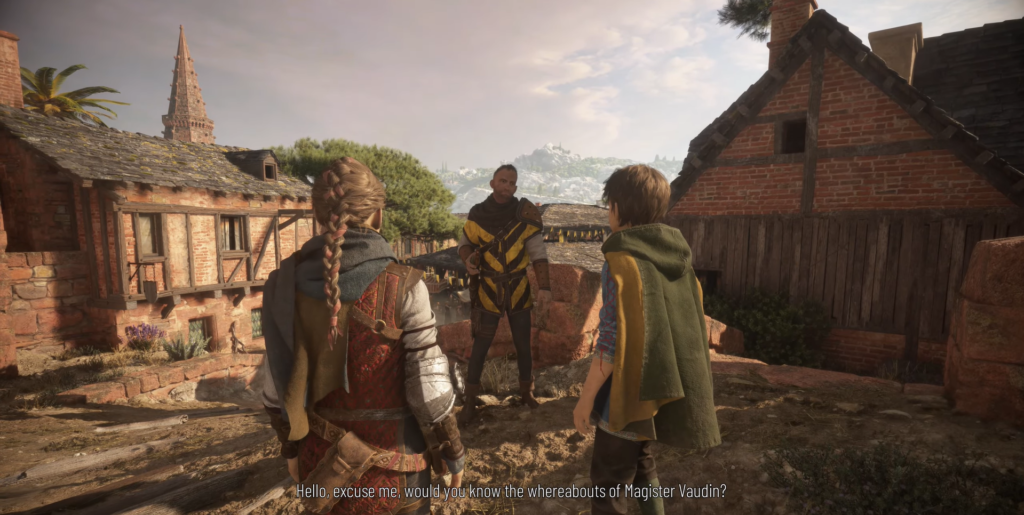 Amicia and Hugo talk to guard in village street