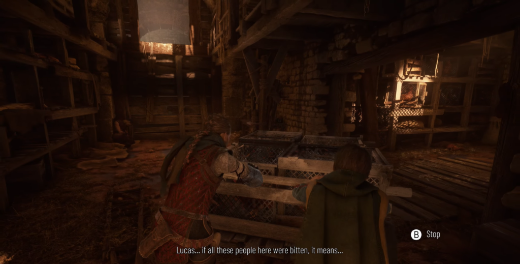 Amicia and Hugo push cart inside dark barn, A Plague Tale