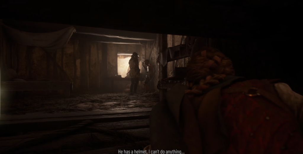 Woman hiding behind bed watching armored guard in room