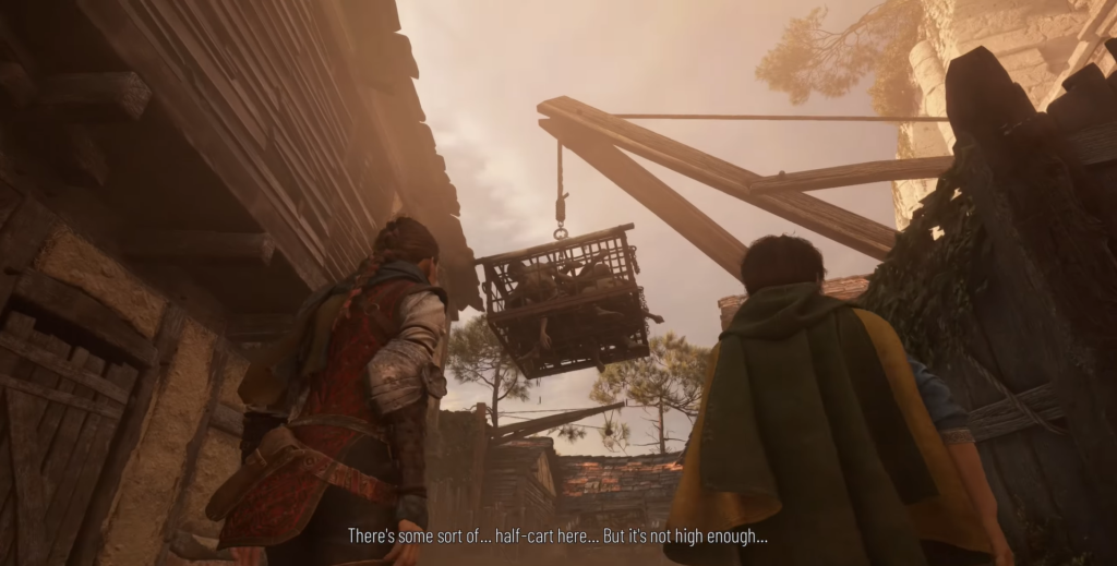 Two people watch hanging cage in village alley
