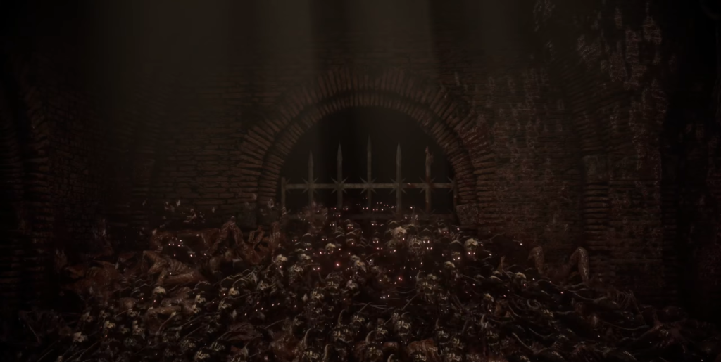 Pile of skulls fills brick tunnel behind iron gate